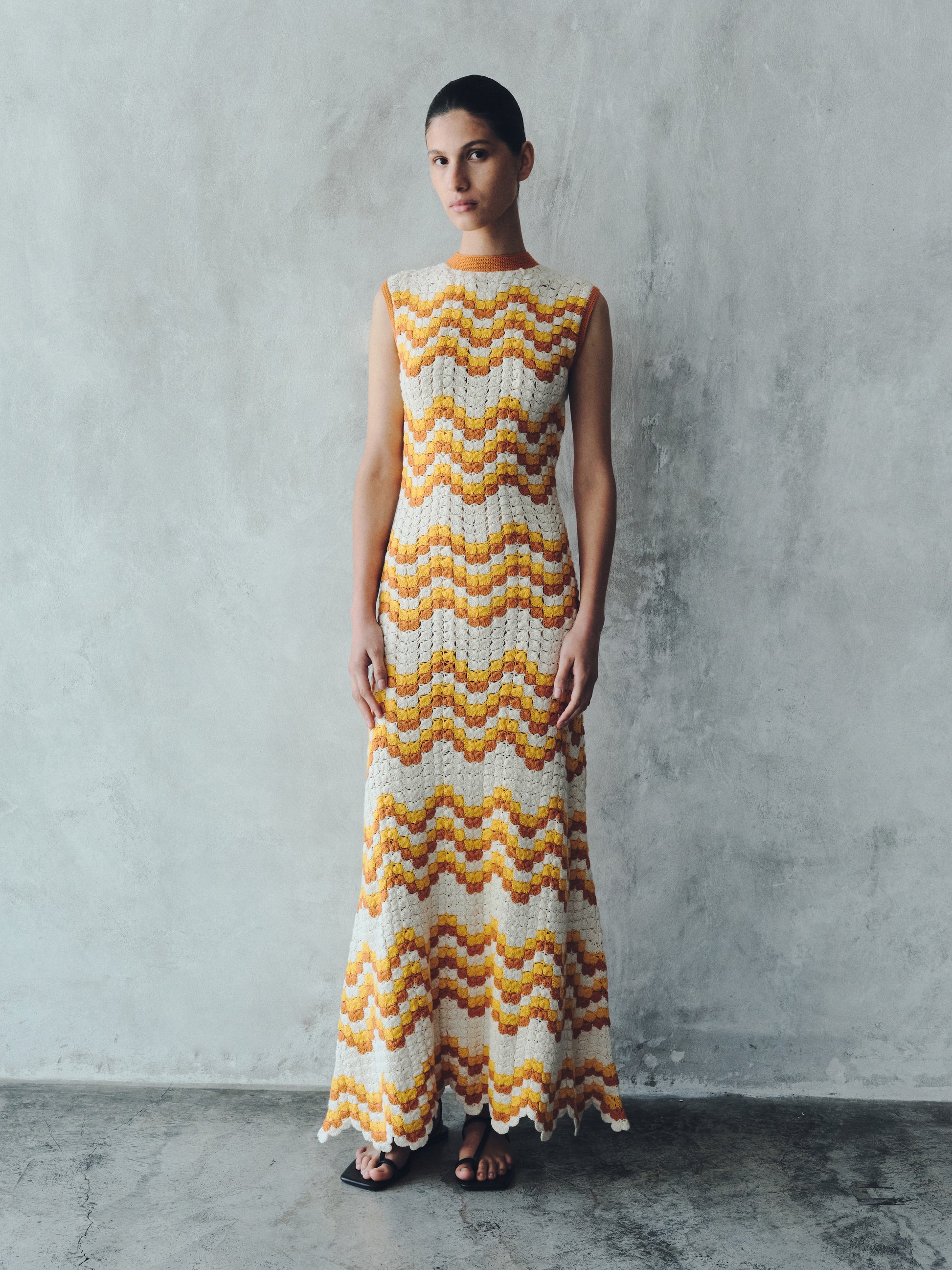 ESCVDO Huayna Crochet Maxi Dress | Stripe/Orange | Size M
